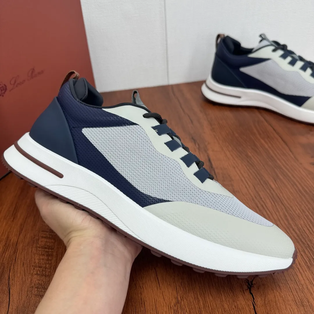 Batch 760 Loro Piana mesh cowhide stitching casual sports men's shoes LP jogging shoes OEM original soles feel free to enter the counter! This casual shoe is knitted from Wind fiber, giving it a unique three-dimensional effect. The unique silhouette narrows slightly at the midsection and is embellished with nappa leather details. The lightweight rubber sole and studs on the edge enhance traction and stability, and functional details full of modern aesthetics add a sporty style to the shoe. The upper uses a hot-melt edge-sealing process. The lightweight technical material of the Kummel-colored rubber outsole is inlaid with cushioning pads on the inside of the sole to distribute the weight more evenly and reduce the load during walking. The leather eyelets are directly set on the upper fixed to the sole to ensure stability. The rear is equipped with cushioning pads to improve wearing comfort. The full package of the counter comes with a shoelace insole. Multiple colors available! Fabric: 100% nylon Decoration: 100% cow leather Accessories: 100% polyurethane Size: 39-40-41-42-43-44 Standard leather shoe size (38/45 can be customized and returns and exchanges are not supported) Item number: FAM1718 white blue